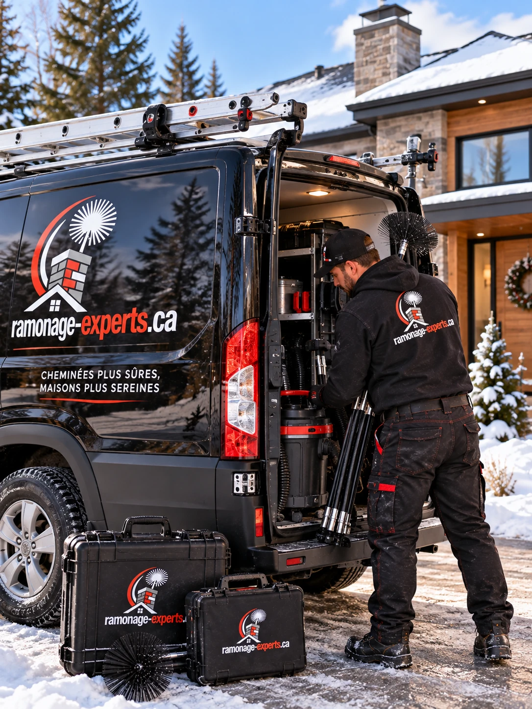 Véhicule de service et équipement de ramonage devant une résidence